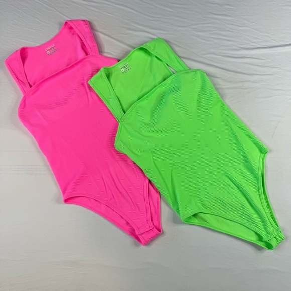Tiktok Viral Set of two Ribbed Bodysuit Stretchy Ribbed Large Pink Green snap - Picture 1 of 10